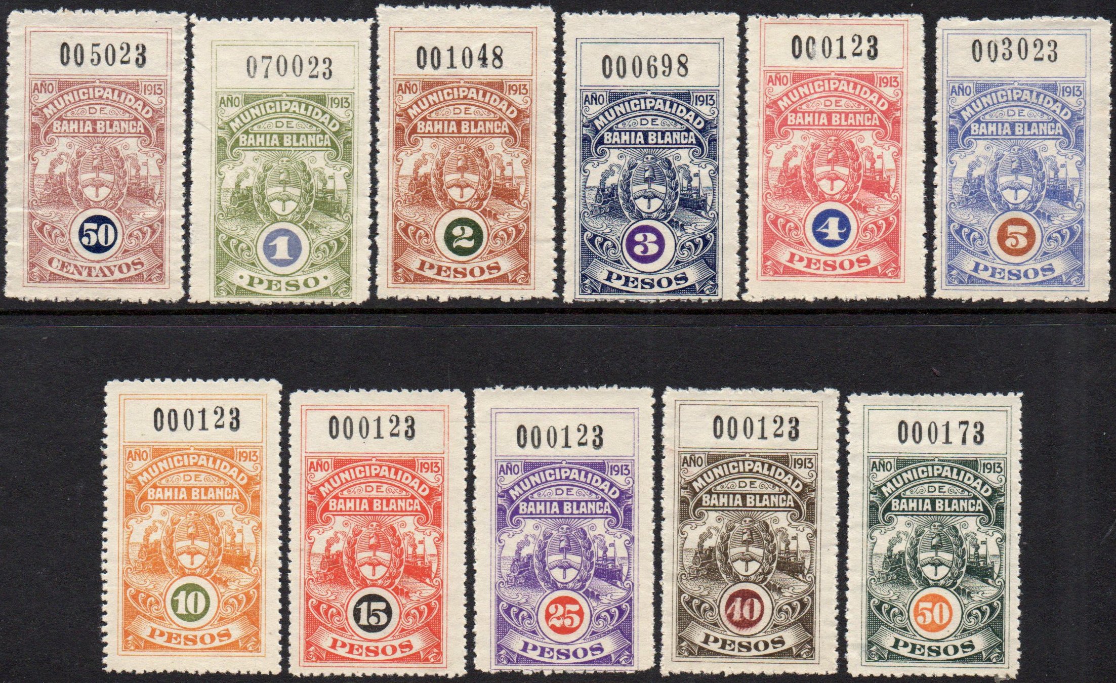 Argentina Bahia Blanca 1913 Revenue Stamps with steam train in design